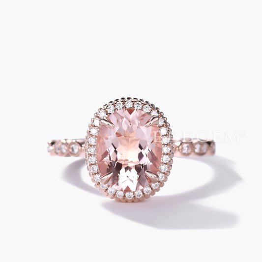 Hidden Halo 8x10mm Vintage Oval Peach Morganite Engagement Ring Rose Gold Art Deco Ring