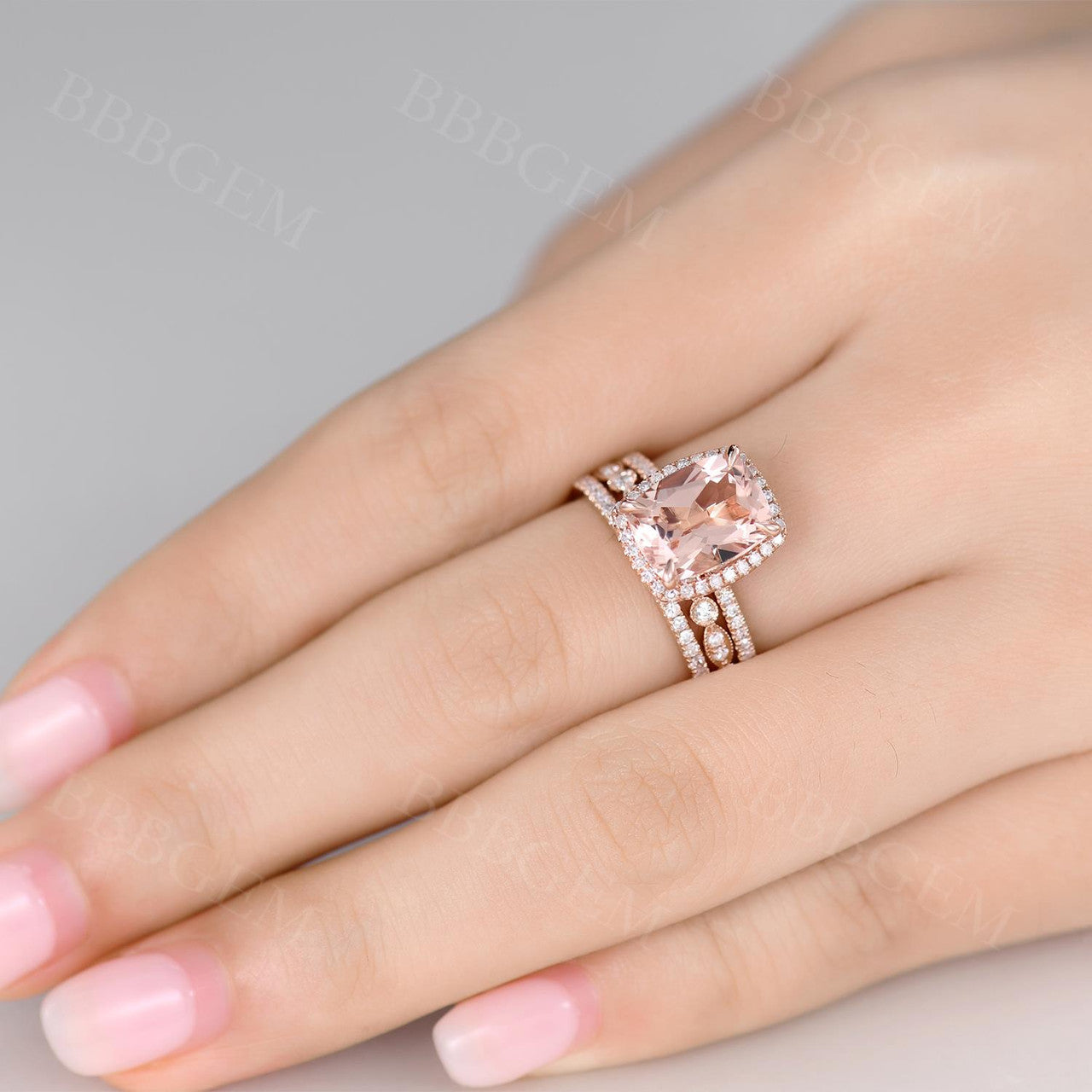 10x8mm Cushion Cut Natural Morganite Engagement Ring 3 Pieces