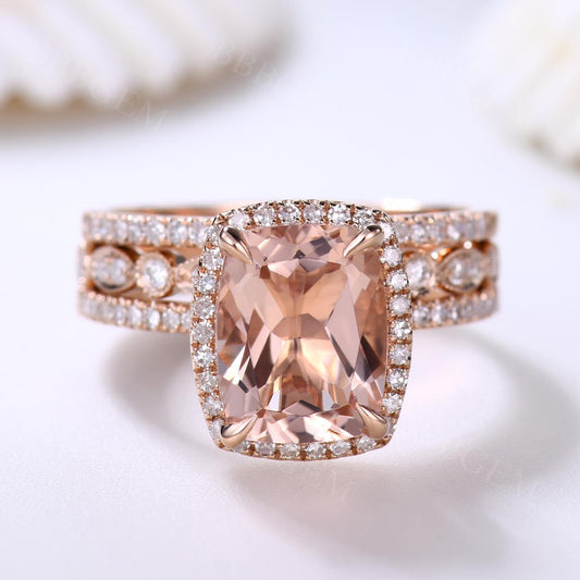 10x8mm Cushion Cut Natural Morganite Engagement Ring 3 Pieces
