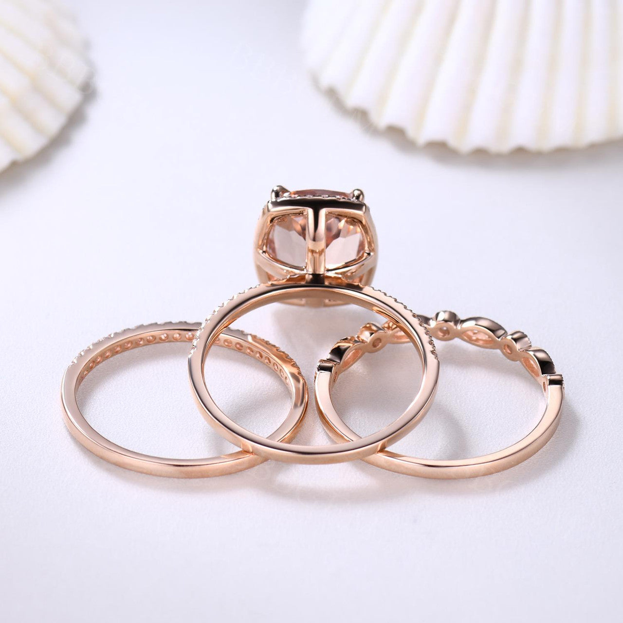 10x8mm Cushion Cut Natural Morganite Engagement Ring 3 Pieces