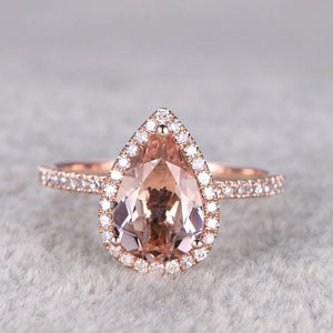 2 Carat Pear Shaped Morganite Engagement Ring Diamond Promise Ring 14k Rose Gold Halo Teardrop Design