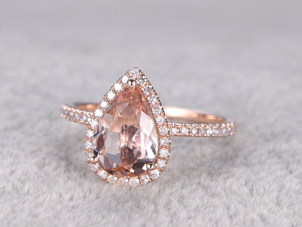 2 Carat Pear Shaped Morganite Engagement Ring Diamond Promise Ring 14k Rose Gold Halo Teardrop Design