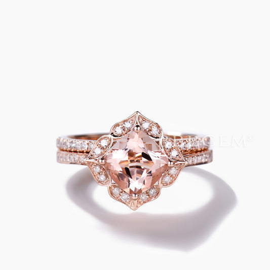 Floral Cushion Cut Morganite Engagement Ring Set and Diamond Full Eternity Band