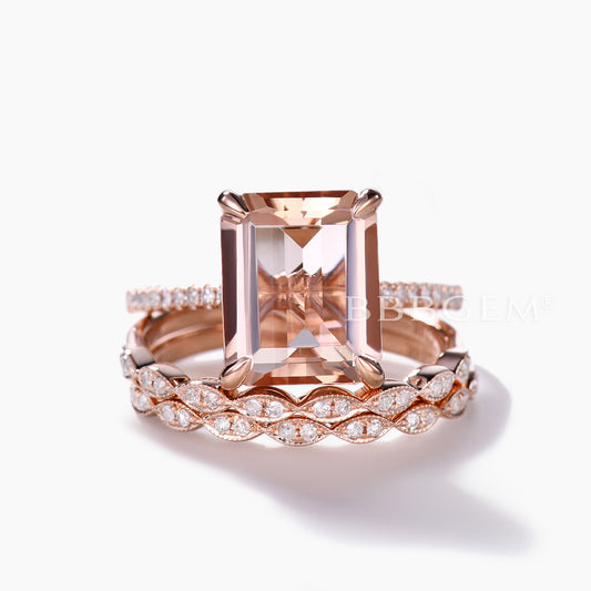 3pcs Big Emerald Cut Morganite Bridal Ring Set and Diamond Half Eternity Bands