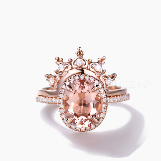 2pc Unique Oval Morganite and Diamond Bridal Ring Set Heart Crown Petite Thin
