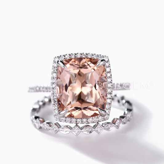 14K White Gold Big Cushion Cut Morganite Engagement Ring Set Art Deco Diamond Band