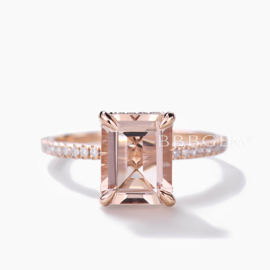 Hidden Halo 6x8mm Emerald Cut Morganite Engagement Ring Rose Gold with Diamond