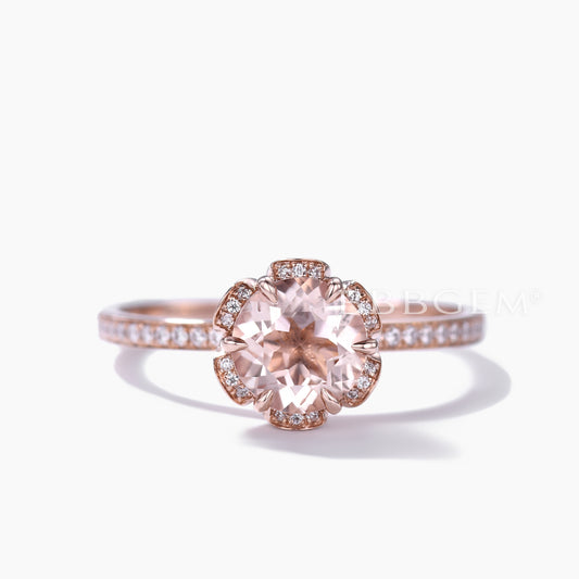 Floral 7mm Round Cut Natural Morganite Engagement Ring Diamond Hidden Halo Crown