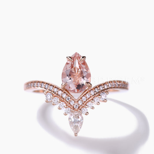 5x7mm Pear Cut Morganite Engagement Ring with Diamond Curved Accents Unique Gift