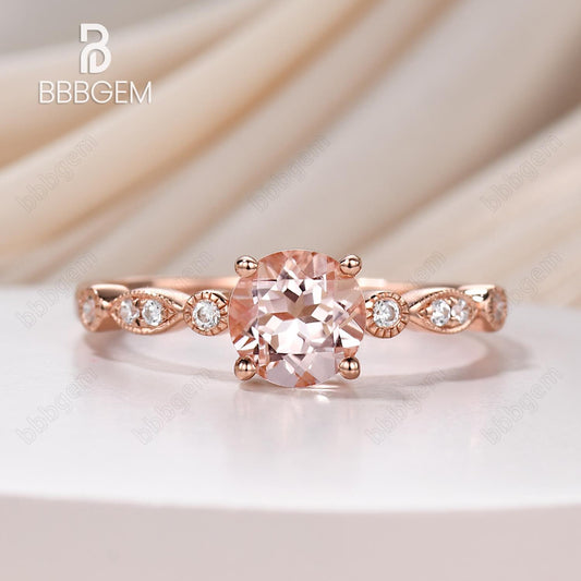 1 Carat Round Natural Morganite Ring 18K Rose Gold Plated Silver Bridal Ring Milgrain Marquise and Moissanite Ring