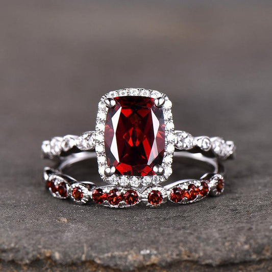 Garnet Fancy Halo Diamond Engagement Ring with Side Stones Bridal Set