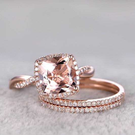 2.4 Carat Cushion Cut Morganite Rose Gold Wedding Set Diamond Bridal Ring 14k Infinity Stacking Matching Band