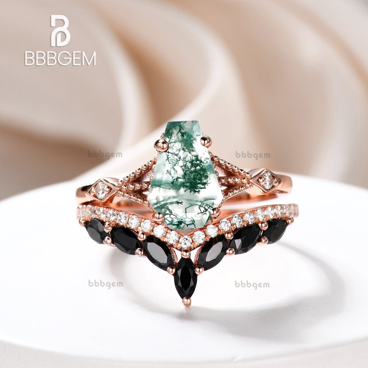 Gothic Alternative Coffin Cut Engagement Ring Set Moss Agate 14k Gold Ring & Marquise Cut Black Spinel Ring