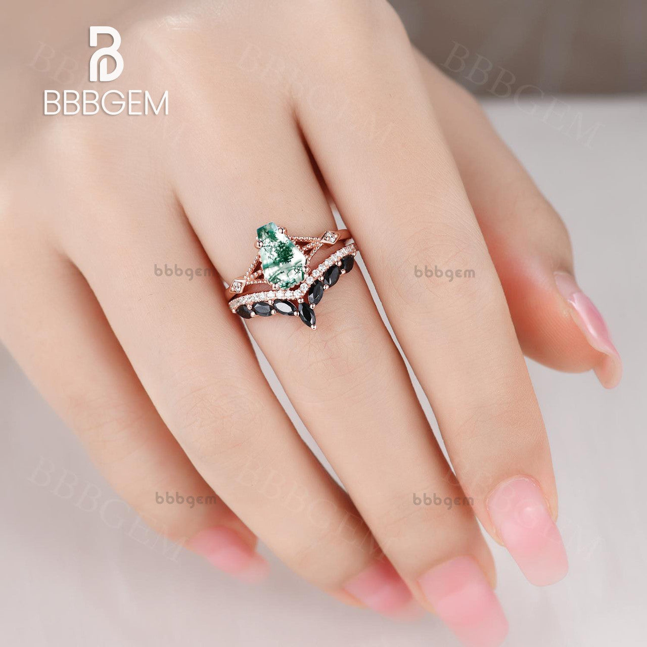 Gothic Alternative Coffin Cut Engagement Ring Set Moss Agate 14k Gold Ring & Marquise Cut Black Spinel Ring