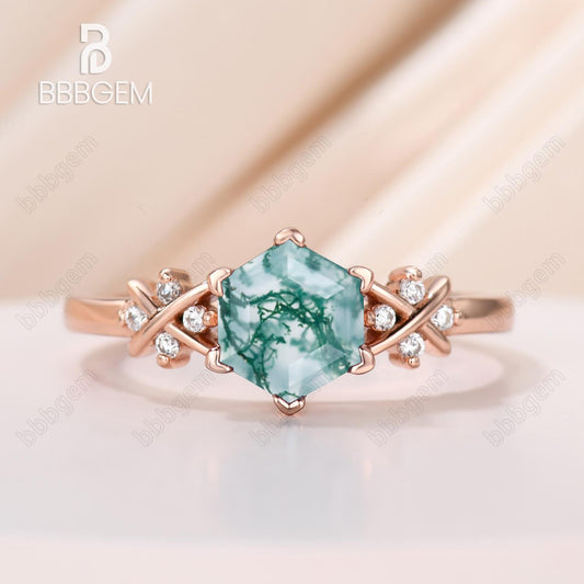 Hexagon Cut Moss Agate Side Stones Engagement Ring 14K Rose Gold Finish Green Gemstone Ring