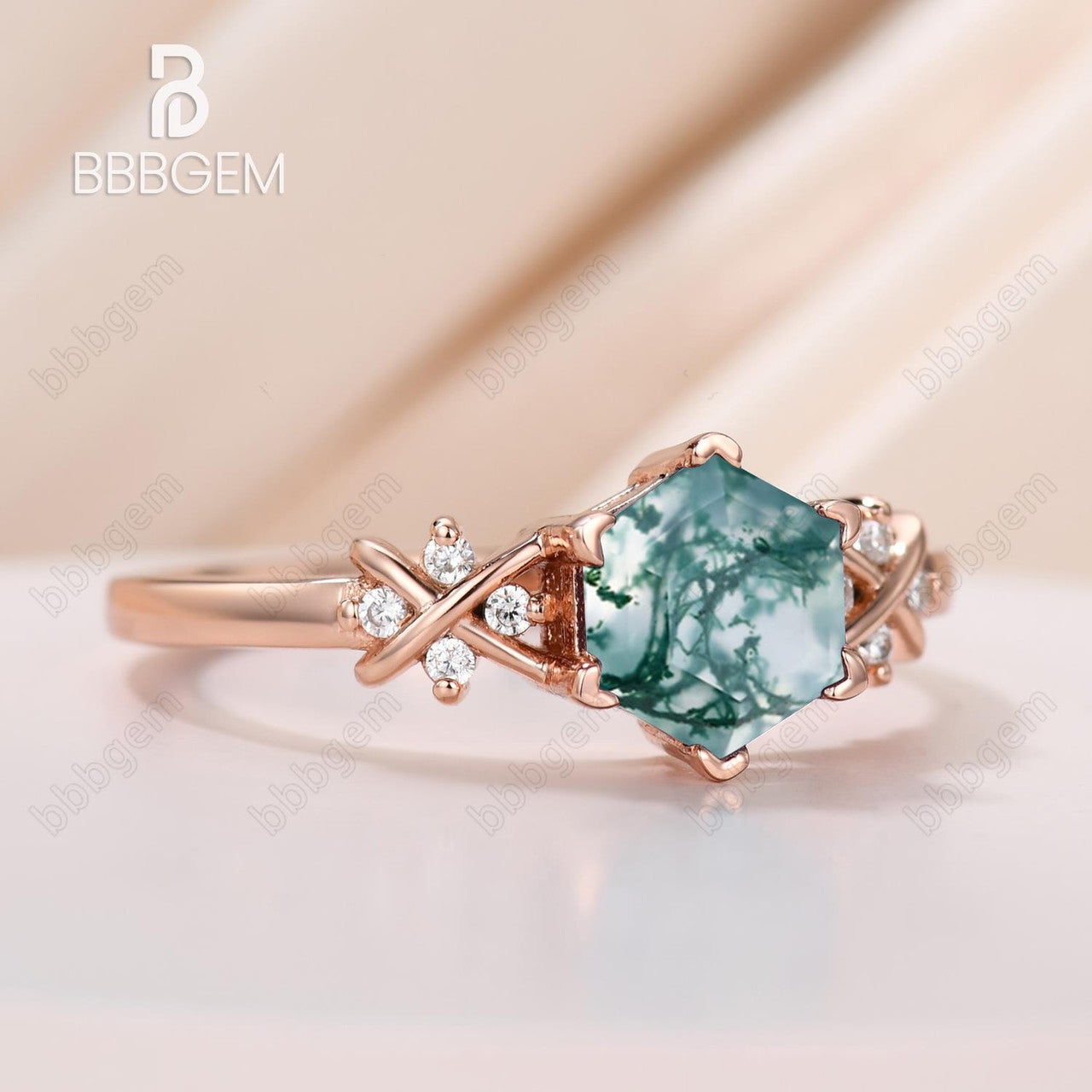 Hexagon Cut Moss Agate Side Stones Engagement Ring 14K Rose Gold Finish Green Gemstone Ring