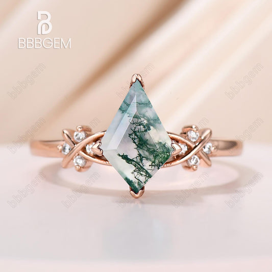 Kite Cut Moss Agate Diamond Engagement Ring Geometric Moss Agate Jewelry 14K Rose Gold V Prong Kite Shaped Promise Ring