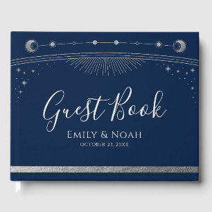 Mystical Blue Silver Sun Moon Stars Wedding Guest Book