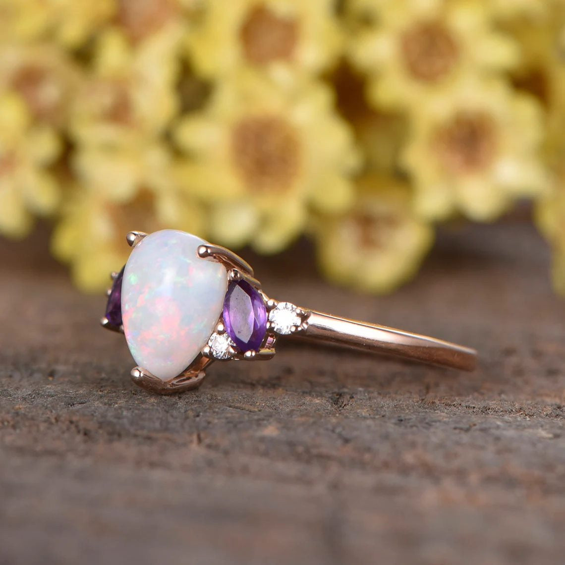 0.75ct Pear Shaped Natural Australia Opal Engagement Ring Amethyst Diamond Cluster Decor