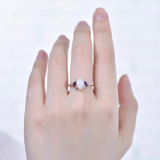 0.75ct Pear Shaped Natural Australia Opal Engagement Ring Amethyst Diamond Cluster Decor