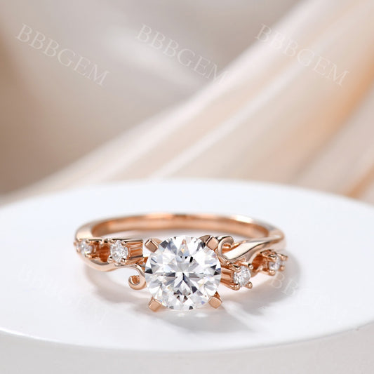 1.2 Carat Round Cut VVS Moissanite Wedding Ring In 14k Pink Gold Twig Vine Moissanite Band