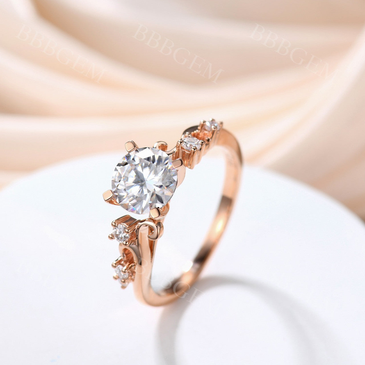 1.2 Carat Round Cut VVS Moissanite Wedding Ring In 14k Pink Gold Twig Vine Moissanite Band