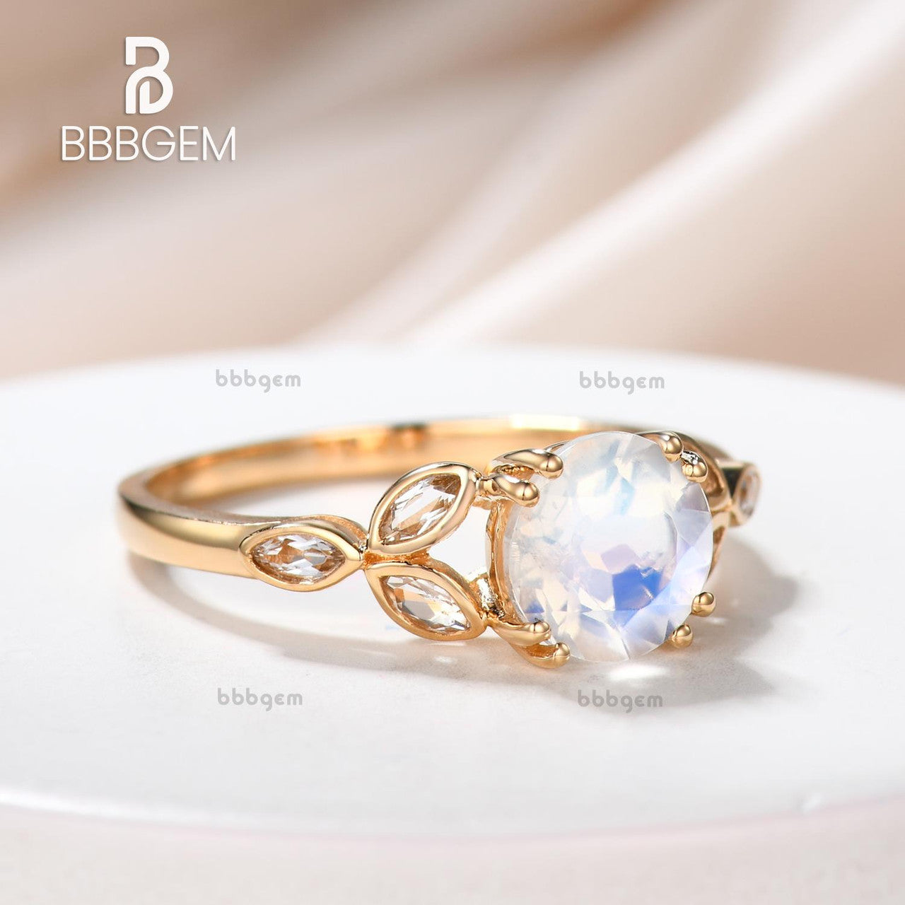 6.5mm Round Cut 1ct Moonstone Engagement Ring Marquise Aquamarine Clover Leaf Sidestones