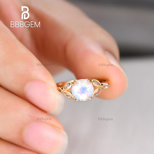 6.5mm Round Cut 1ct Moonstone Engagement Ring Marquise Aquamarine Clover Leaf Sidestones