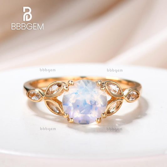 6.5mm Round Cut 1ct Moonstone Engagement Ring Marquise Aquamarine Clover Leaf Sidestones