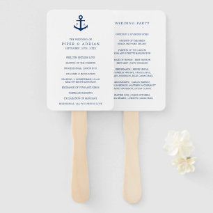 Nautical Navy Blue Anchor Monogram Wedding Program Hand Fan
