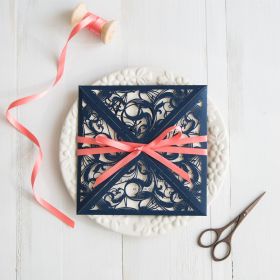 Navy Blue Laser Cut Pocket Wedding Invitations With Coral Colored Ribbon Swws029