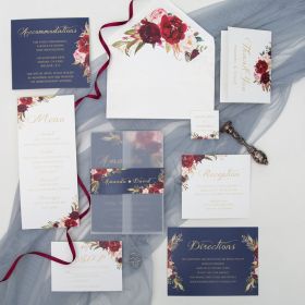 Navy Blue And Marsala Floral Invitation With Vellum Pocket And Belly Band Swpi004