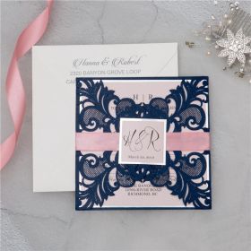 Navy Blue Symmetrical Lace Laser Cut Wedding Invitations With Blush Pink Ribbon And Tags Swws109