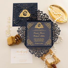 Navy Elegance Laser Cut Acrylic Invitation with Gold Name Tag CAPL113T