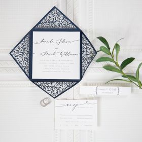 Navy Blue Laser Cut Fold With Trendy Styled Wedding Invitations Swws137