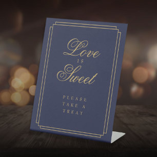 Navy Blue And Gold Art Deco Love Is Sweet Favor Pedestal Sign