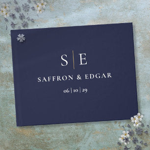 Navy Blue And Gold Monogram Wedding Guest Book
