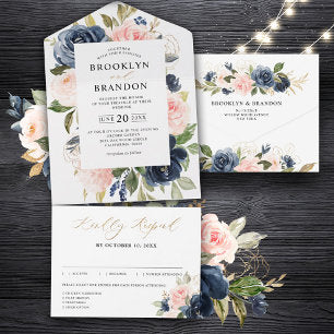 Navy Blue Dusty Blush Pink Floral Wedding All In All In One Invitation