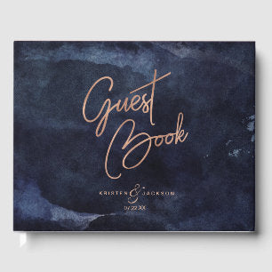 Navy Blue Watercolor & Rose Gold Wedding Monogram Guest Book