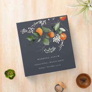 Navy Boho Orange Blossom Botanical Wedding Album 3 Ring Binder