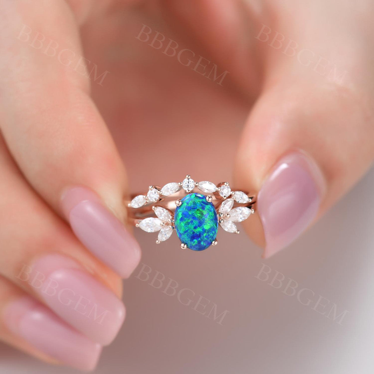 14K/18K Vintage Black Opal Dimaond/Moissanite Engagement Ring Set 2pcs