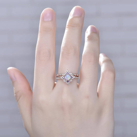 Fire Opal Engagement Ring Set Amethyst Diamond Opal Ring