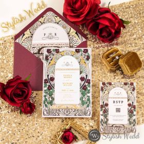 Opulent Byzantine Burgundy & Gold Floral Wedding Invitation Swi175