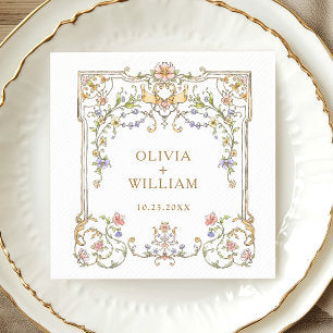 Ornate Vintage Frame Bohemian Flowers Wedding Napkins