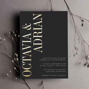 Parallel Modern Black & Gold Typography Wedding Foil Invitation
