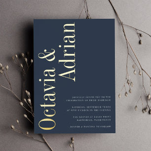Parallel Modern Navy & Gold Typography Wedding Foil Invitation