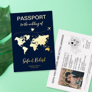 Passport Wedding Destination Gold Foil plane heart Foil Invitation