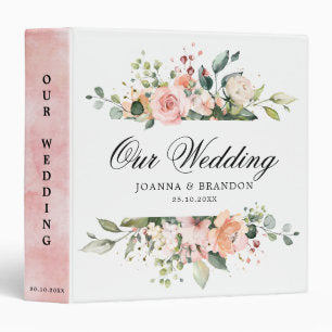 Pastel Pink Blush Rose Floral Botanical Wedding 3 Ring Binder