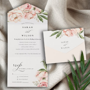 Pastel Soft Blush Peach Peony Floral Wedding All In One Invitation