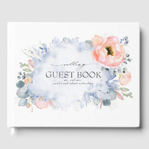 Peach Watercolor Flowers Dusty Blue Wedding Guest Book